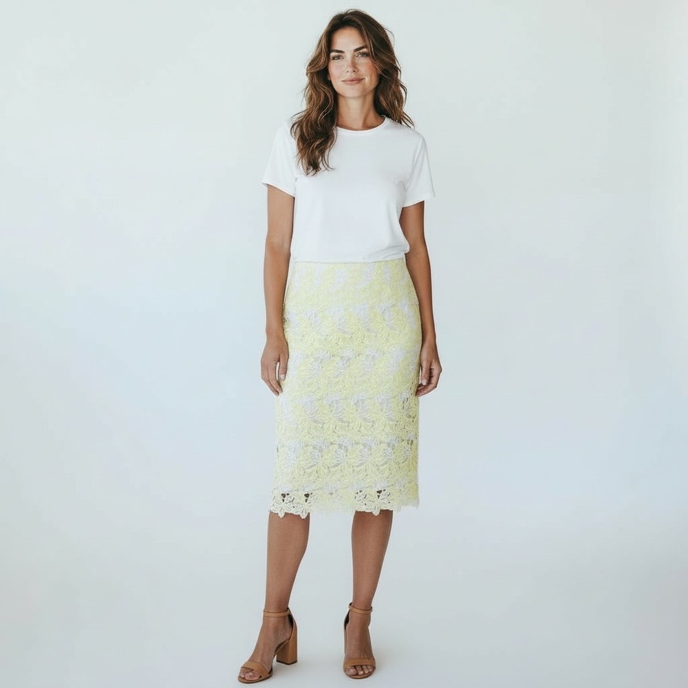 Anthropologie Sunday In Brooklyn Womens Yellow Crochet Lace Floral Midi Skirt Xs
